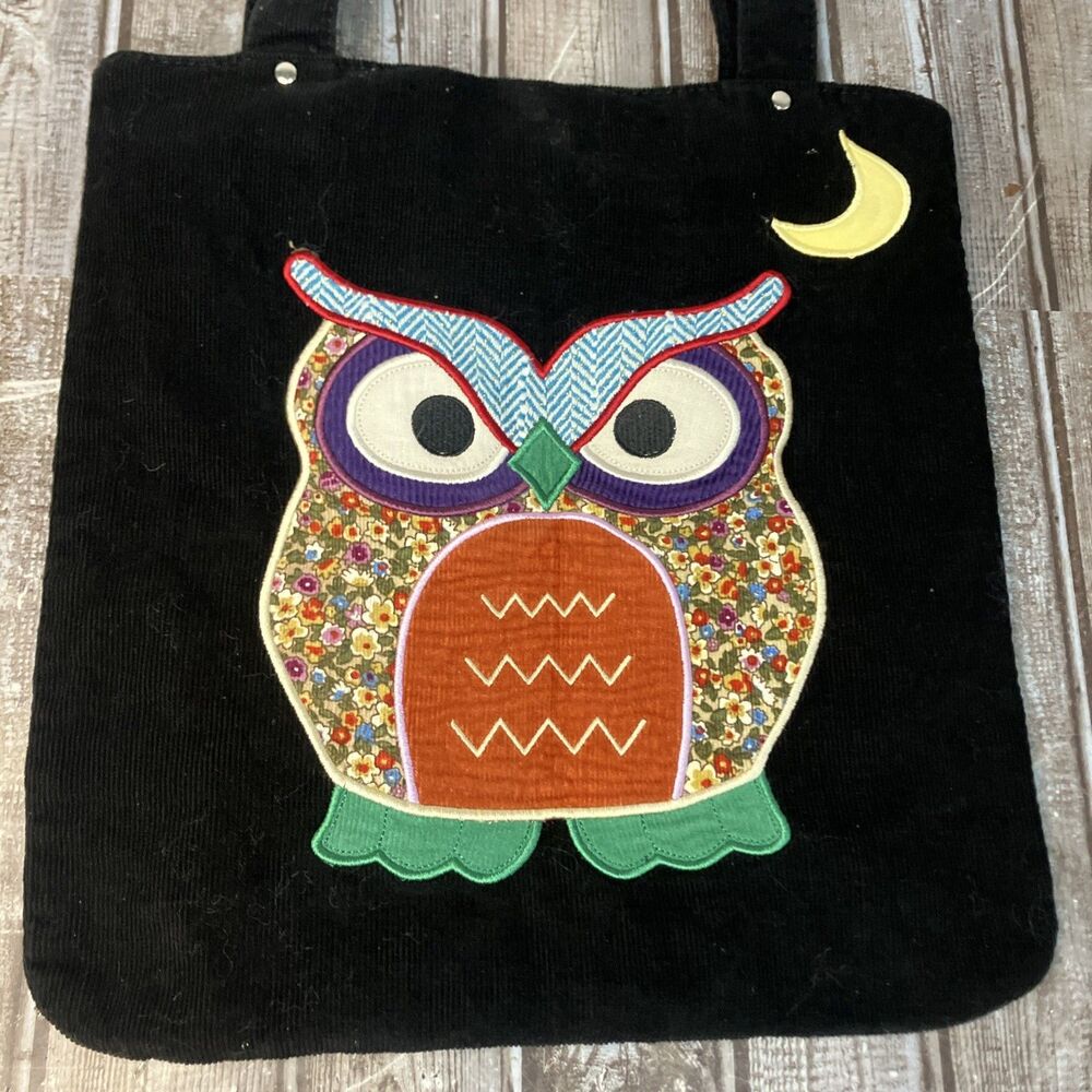 Anchorblue Large Embroidered Hoot Owl Tote Bag Corduroy Black 13”x12”